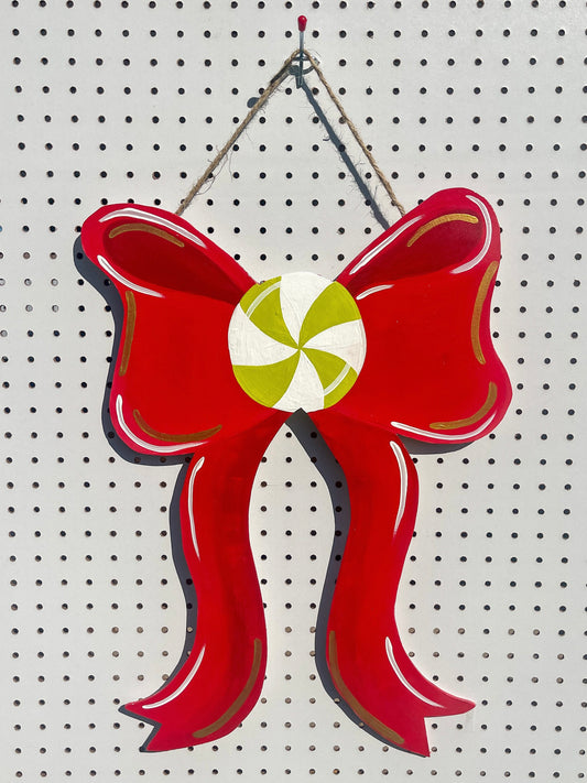 Hand-Painted Bow with Peppermint Wooden Door Hanger