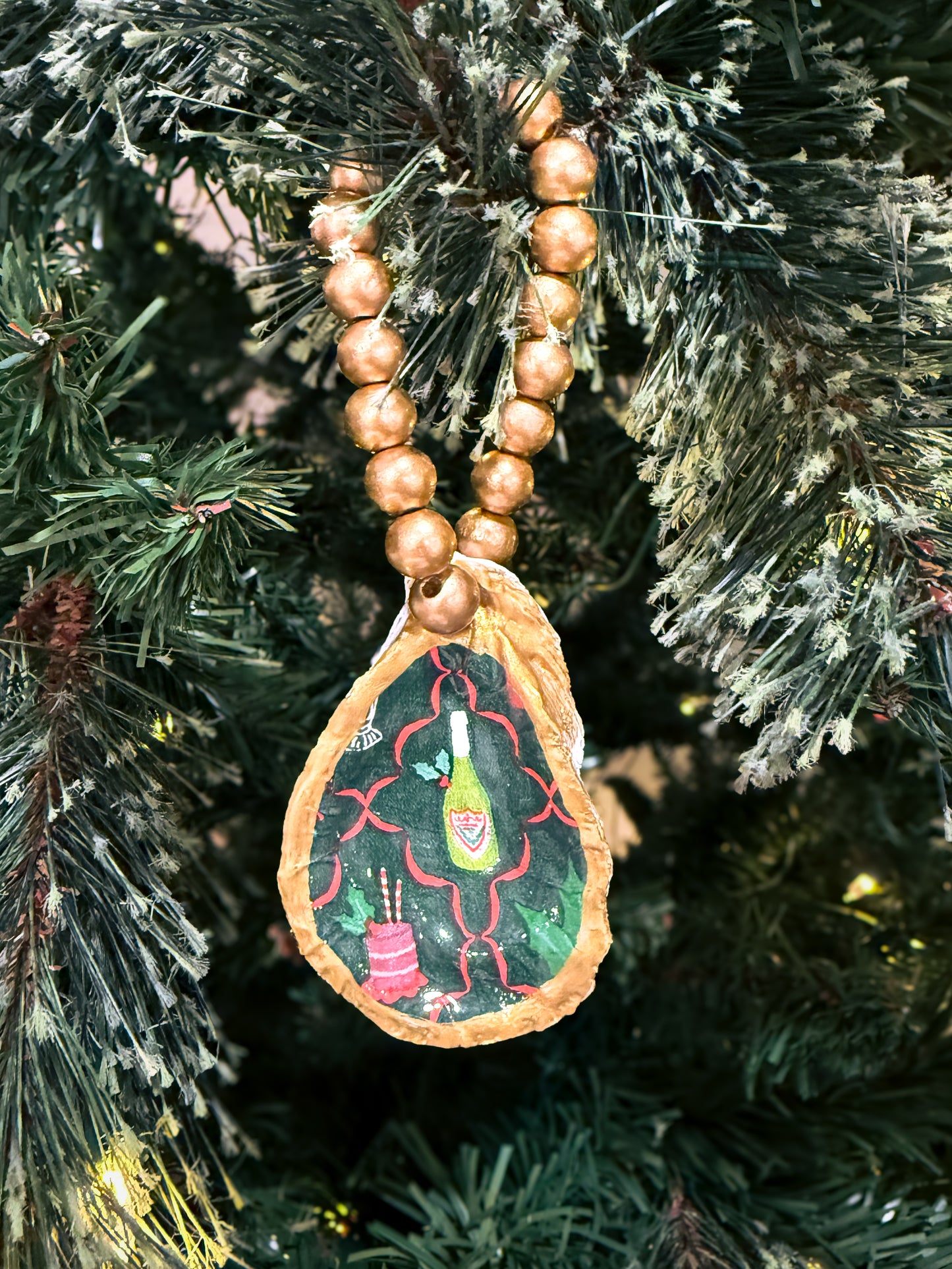 Oyster Shell Wine Bottle Charm – Decoupaged Shell + Gold Wooden Beads