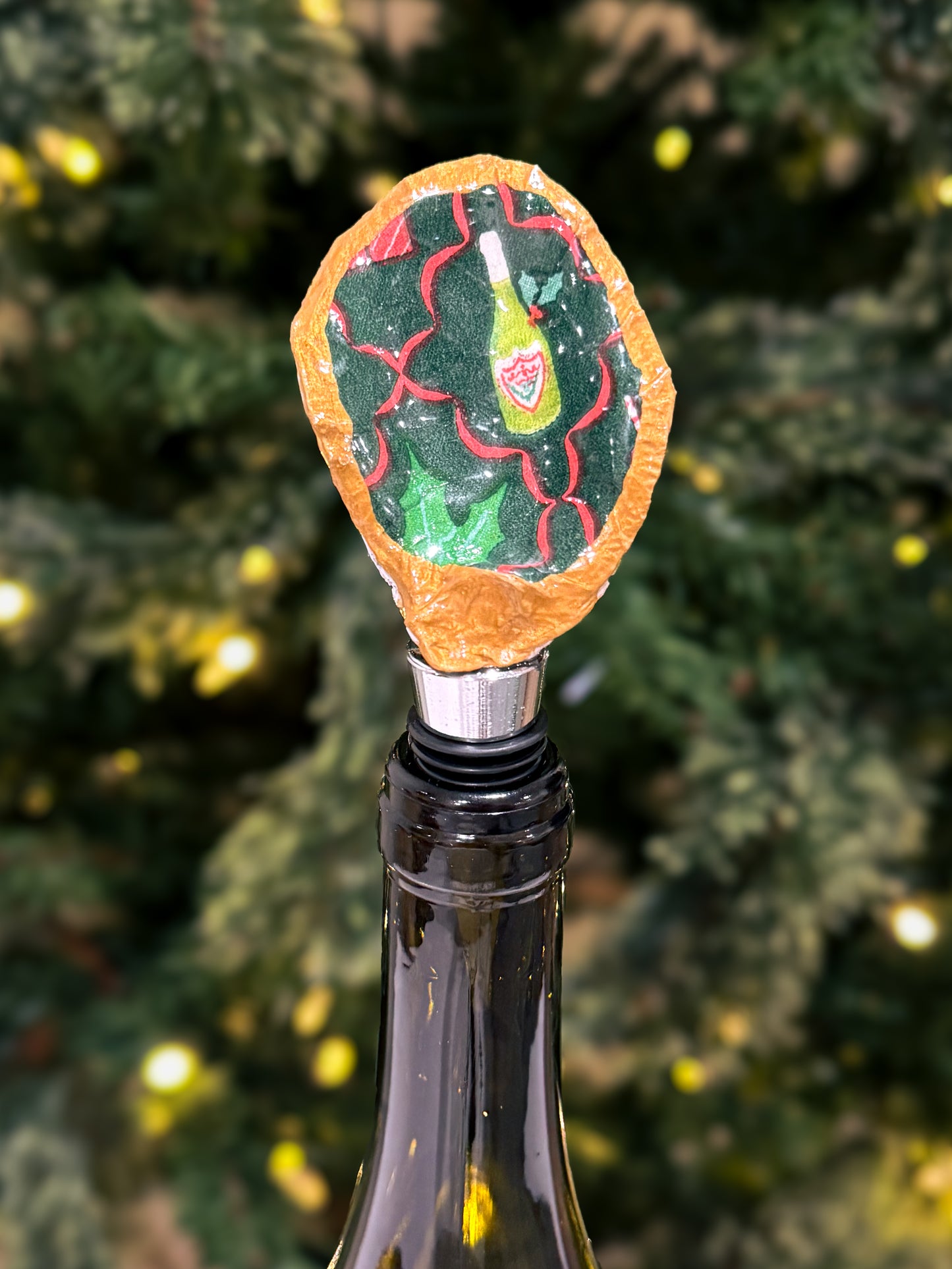 Decoupaged Oyster Shell Wine Bottle Cork – Gold Edges + Resin Finish
