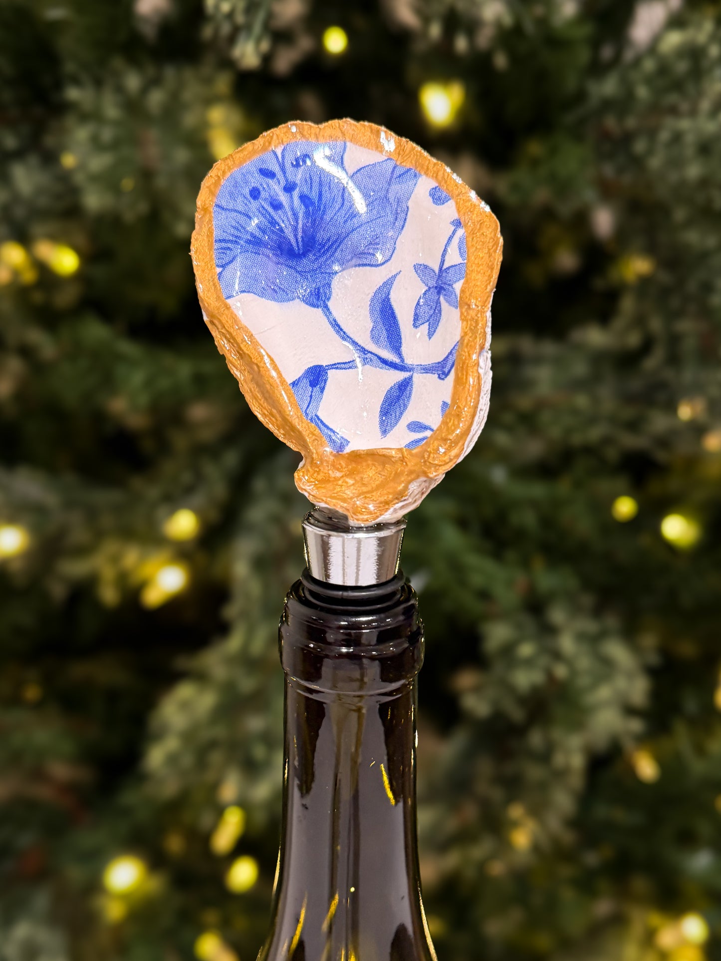 Decoupaged Oyster Shell Wine Bottle Cork – Gold Edges + Resin Finish