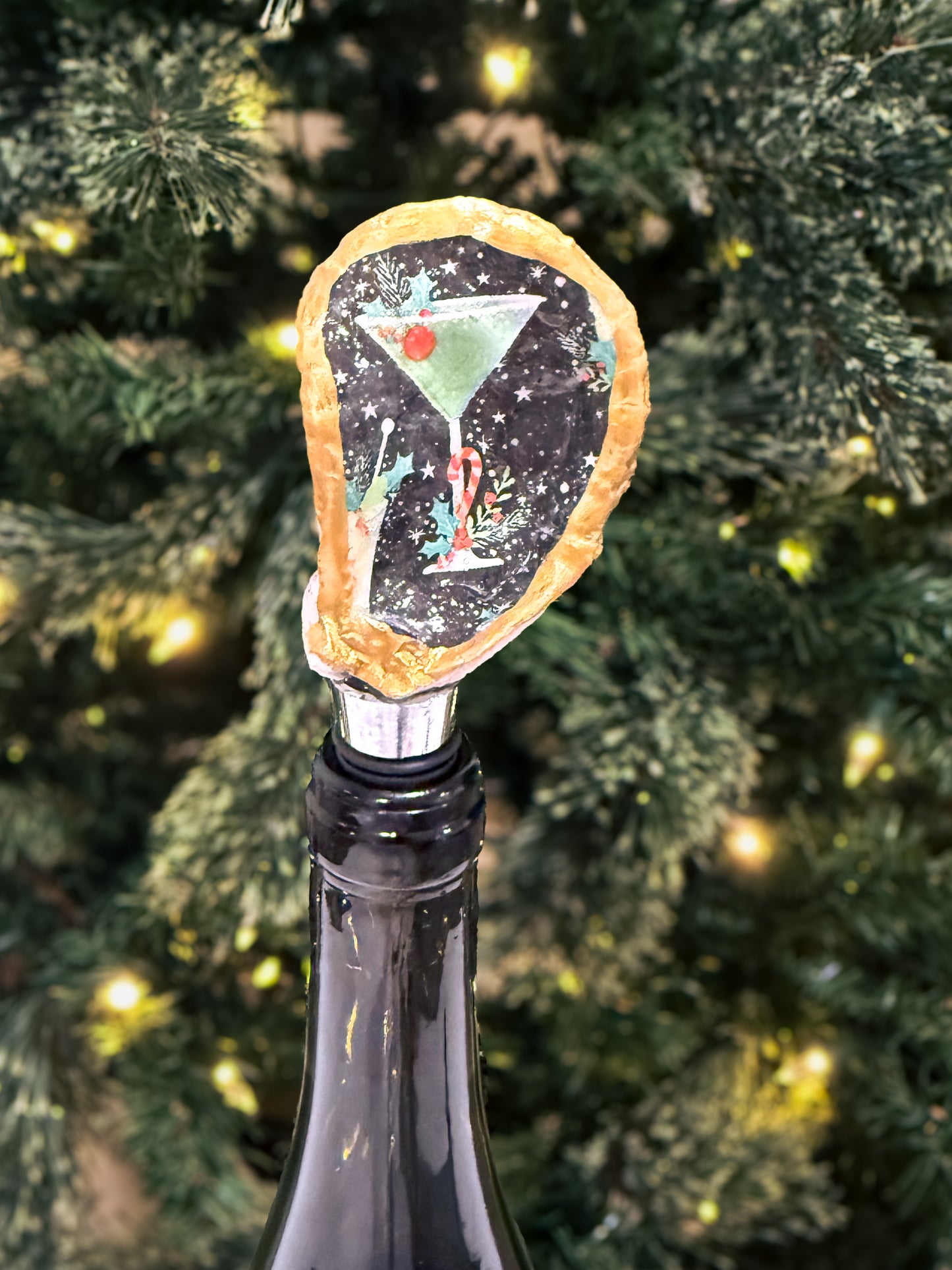 Decoupaged Oyster Shell Wine Bottle Cork – Gold Edges + Resin Finish