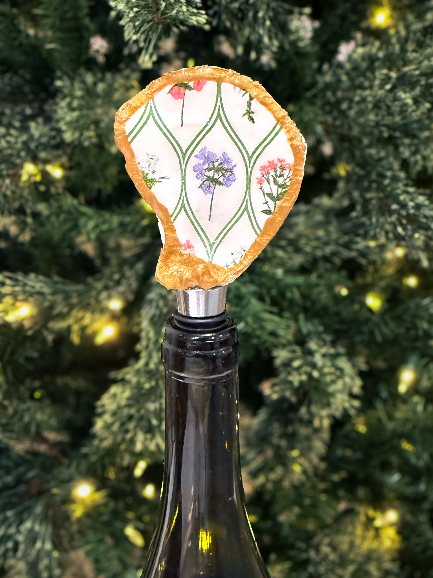 Decoupaged Oyster Shell Wine Bottle Cork – Gold Edges + Resin Finish