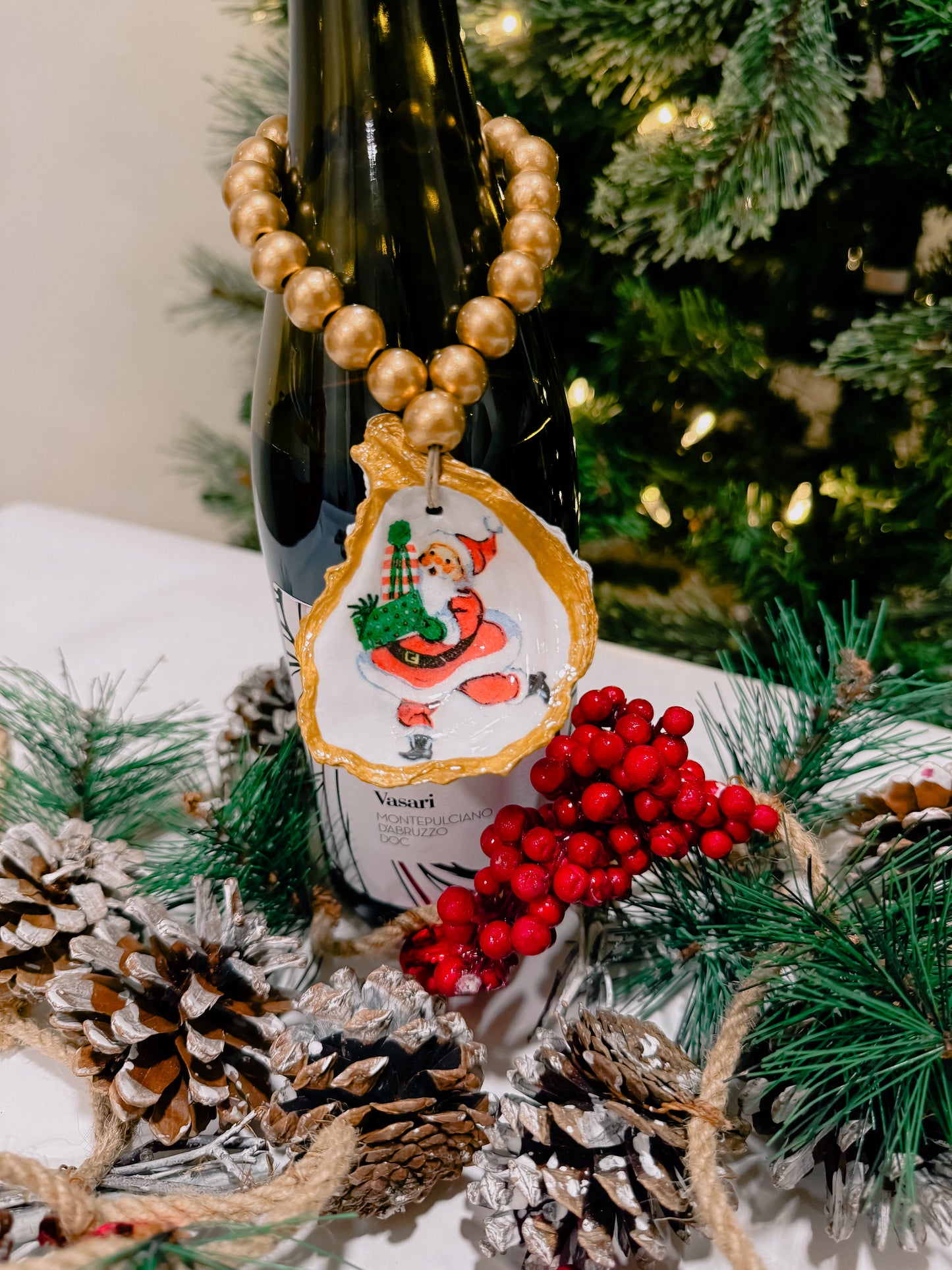 Oyster Shell Wine Bottle Charm – Decoupaged Shell + Gold Wooden Beads